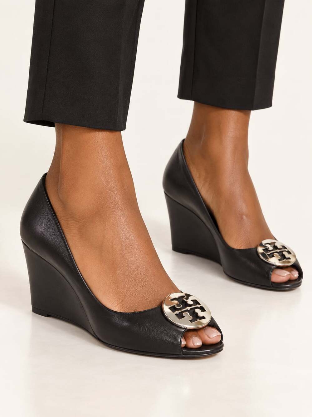 Tory Burch Black Leather Peep Toe Wedge Pumps with Gold Logo Size 9.5